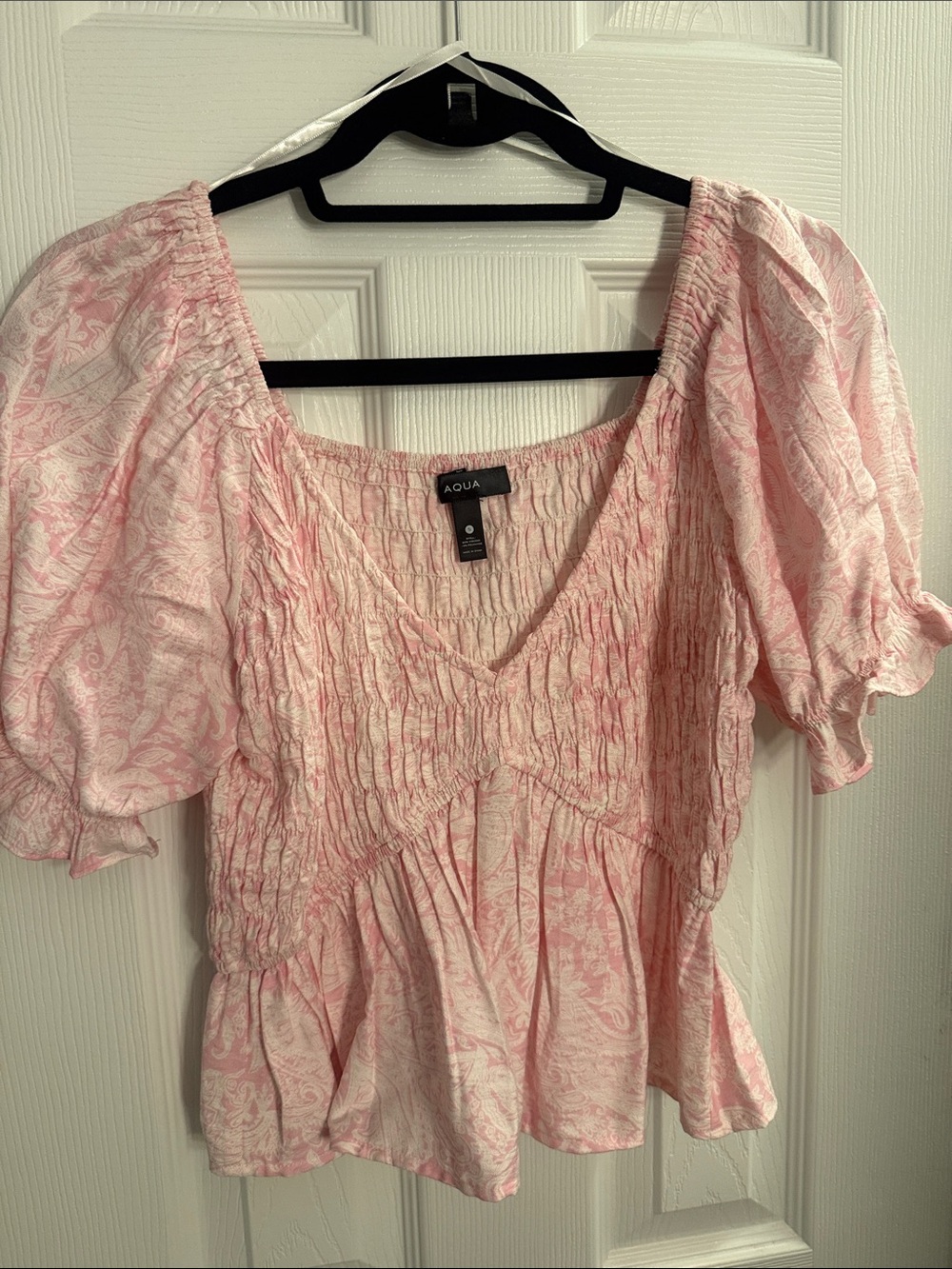 Aqua Light Pink Smocked Peplum Puff Sleeve Top
